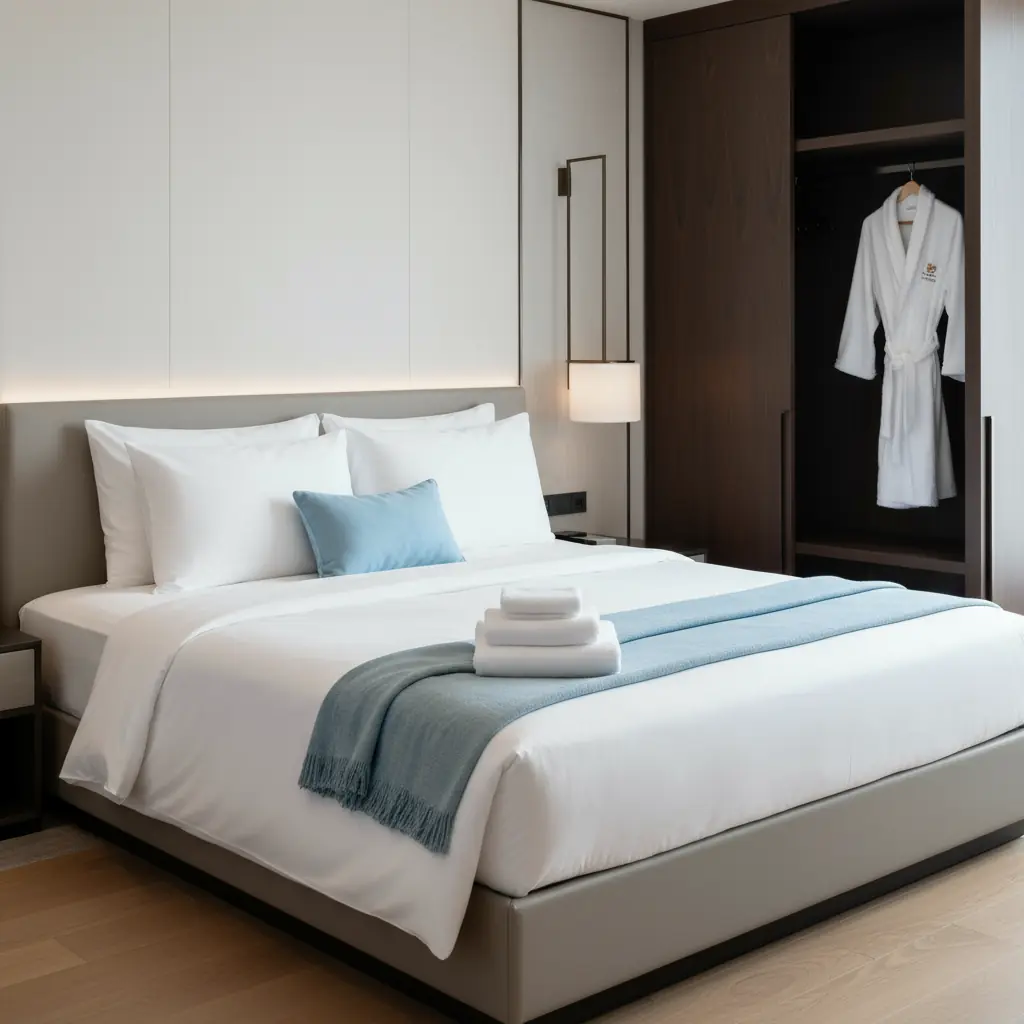 Elegantno spreman hotelski krevet u toplim bojama